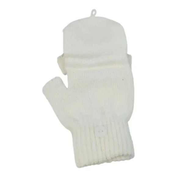 Girls White/Cream Sparkly Snowflake Knit Hat Beanie with Fingerless Glove set - Picture 6 of 13